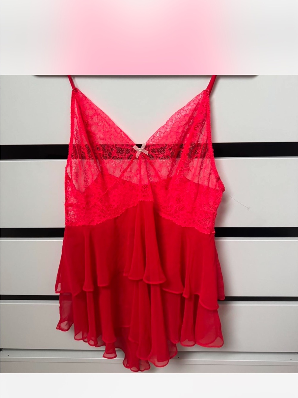 Red Lace Trim Chiffon Ruffle Tank Top